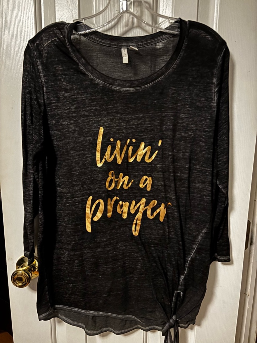 Black 3/4 Sleeve Tee with Gold "Livin' on a Prayer" Script